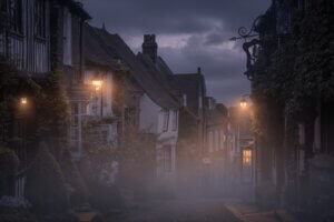 Haunted Rye – foggy Mermaid Street at dusk with glowing lamps and medieval timbered houses.