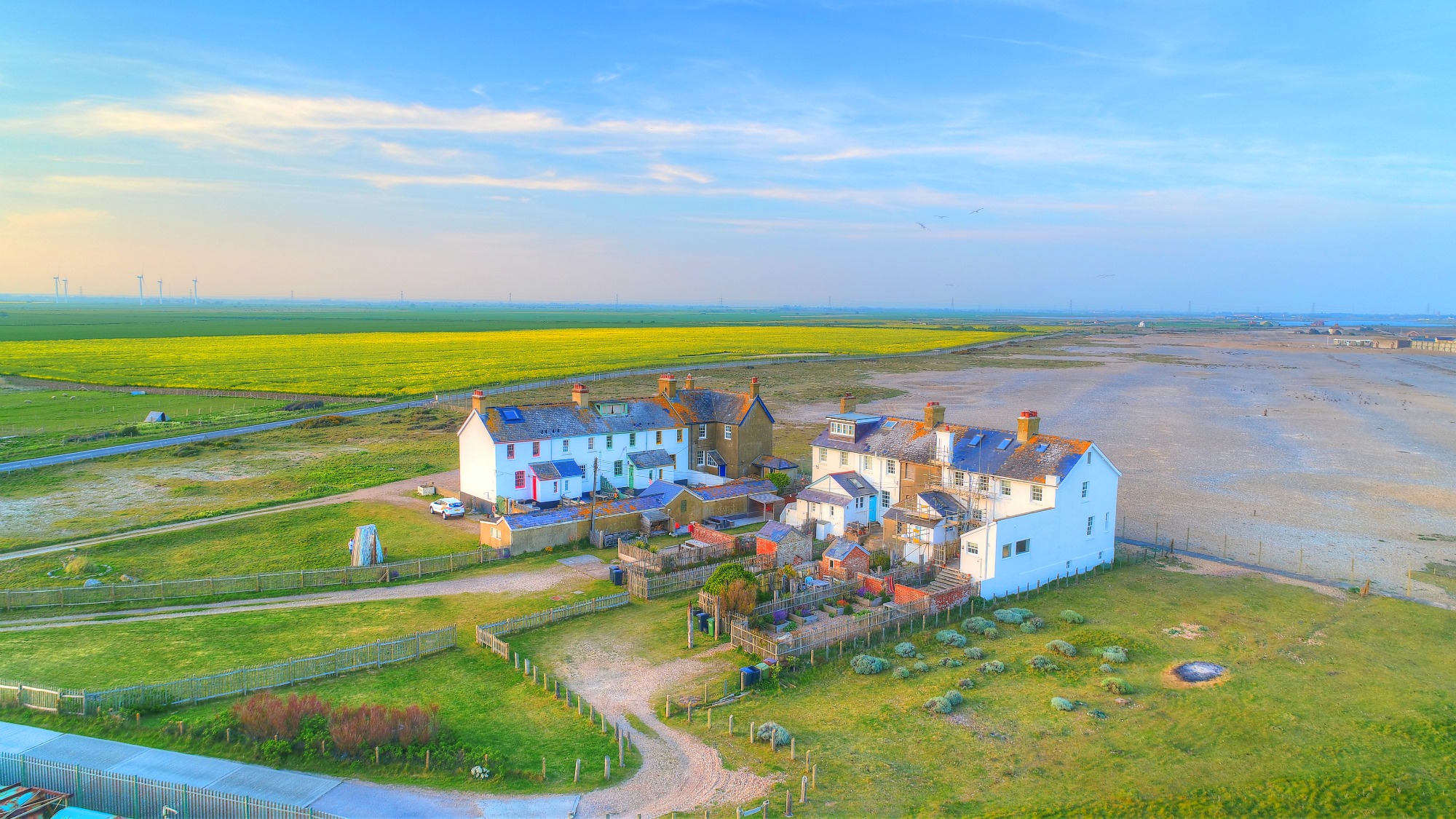 View of coastguards cottages from the sea wall