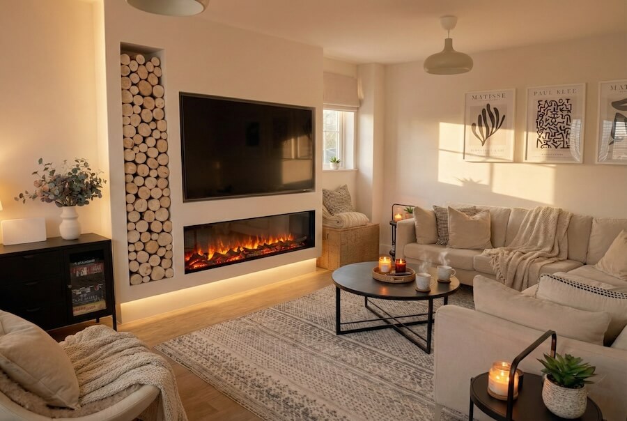 Cosy living room in a Camber Sands holiday cottage on a rainy afternoon