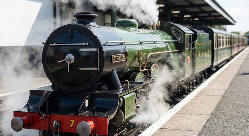Miniature steam train on the Romney Hythe and Dymchurch Railway heading towards Dungeness