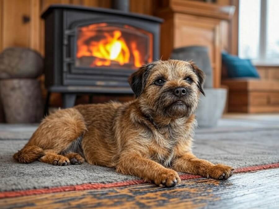 border terrier relaxing in front of log burner
