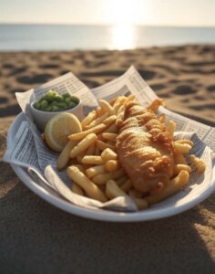 enjoying the best fish and chips in Camber Sands on the beach at sunset