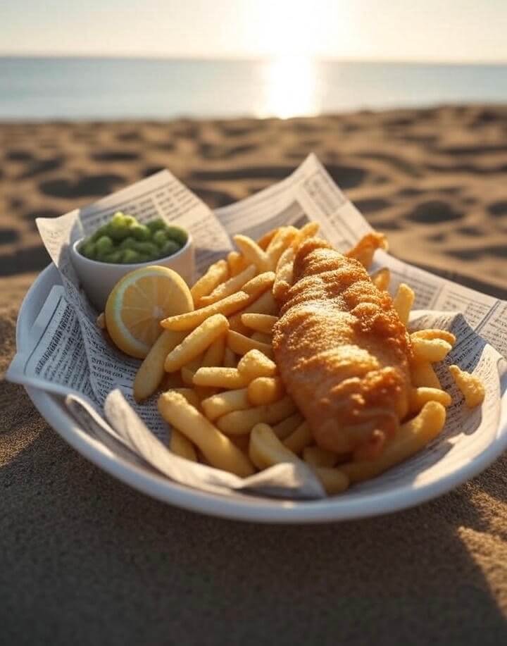 enjoying the best fish and chips in Camber Sands on the beach at sunset