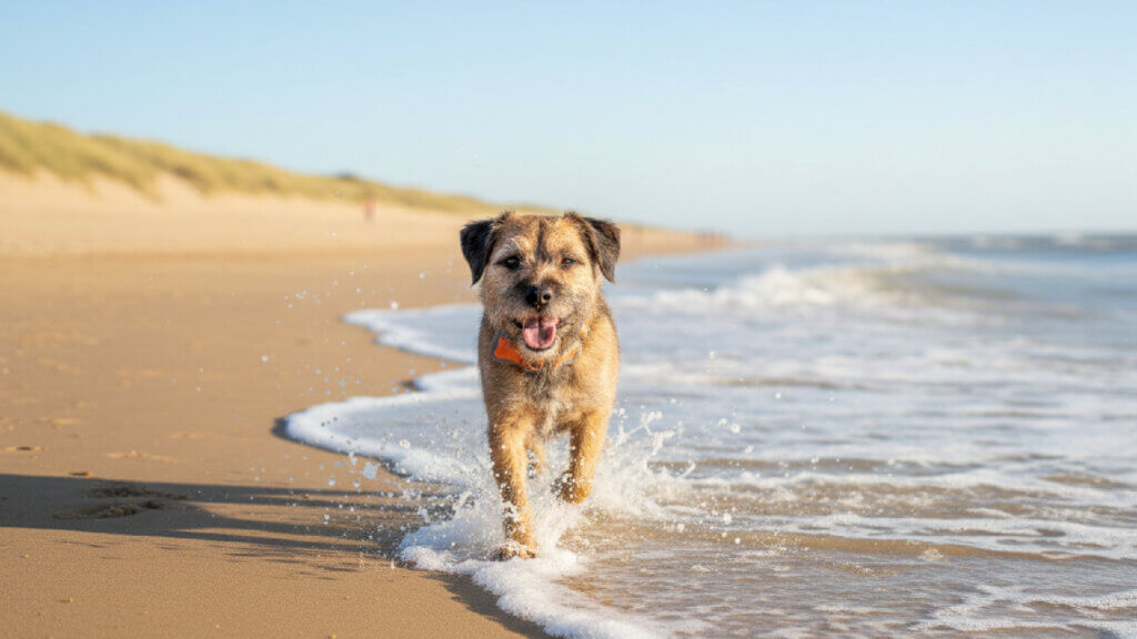 Dougal our Border Terrier running through the surf on Camber Sands beach – the perfect dog-friendly holiday spot