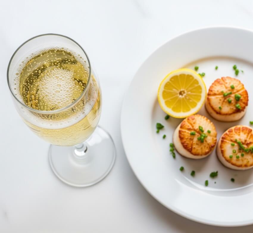English sparkling wine and scallops