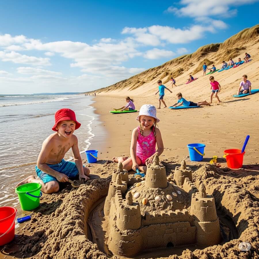 Kids building sandcastles on Camber Sands beach during a family holiday