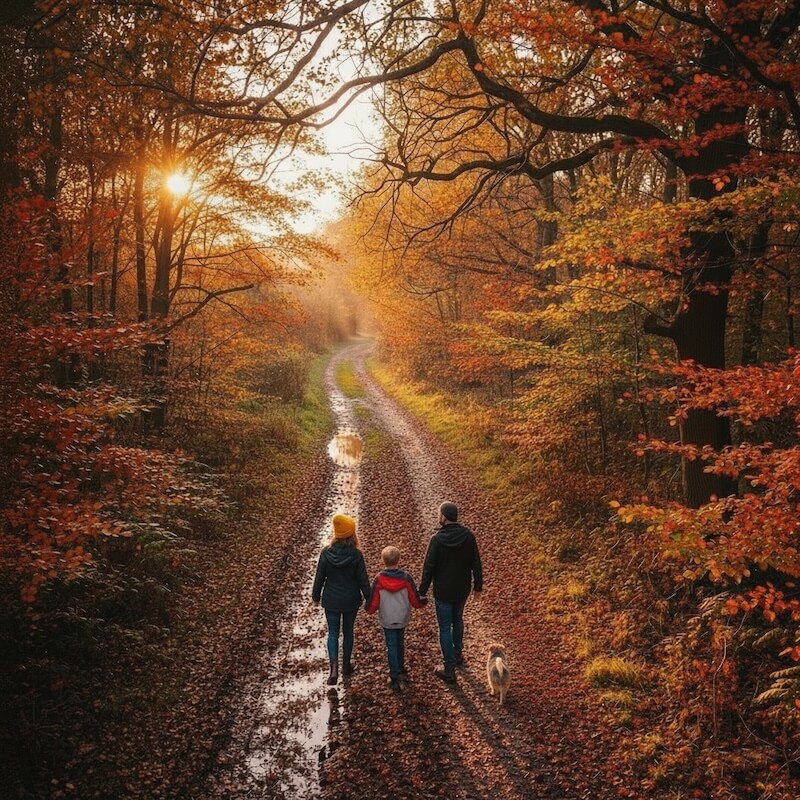 Woodland trail in Brede High Woods. Alt: Autumn leaves in Brede High Woods, 1066 Country