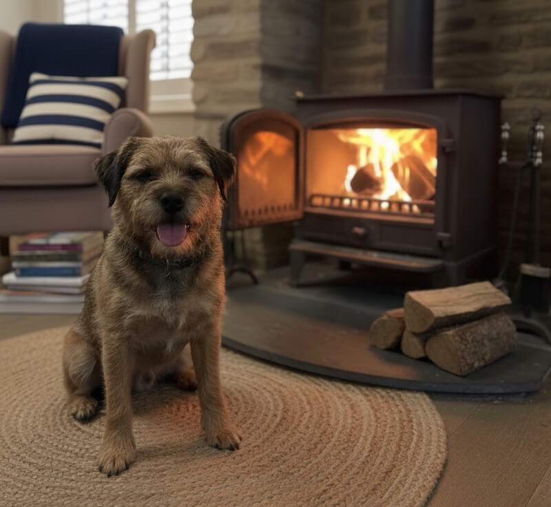 Dog relaxing in a dog friendly Camber Sands cottage by the fire