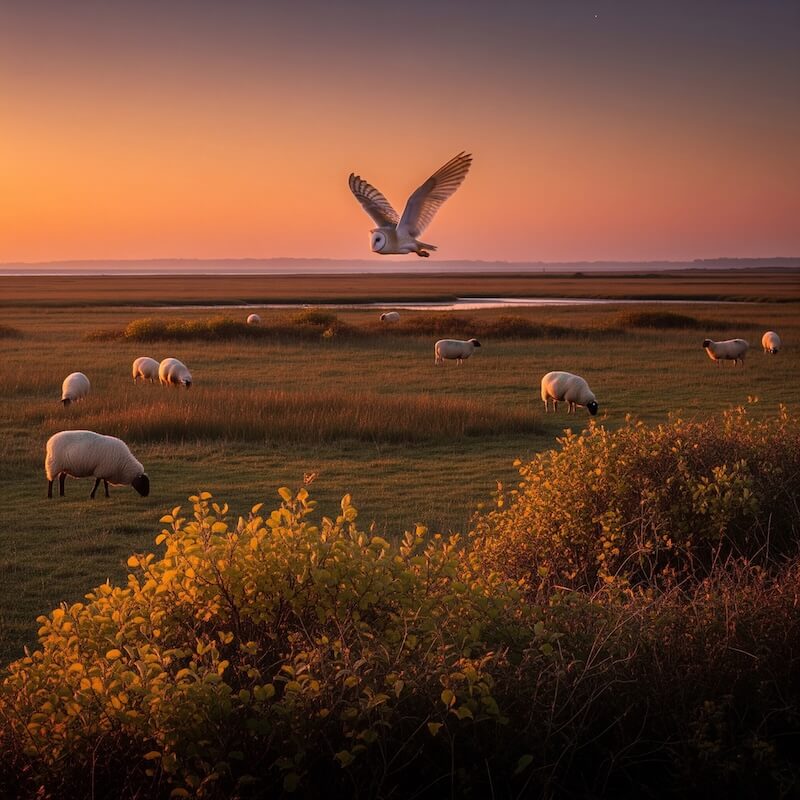 Barn owl flying over Romney Marsh at sunset — autumn wildlife 1066 Country