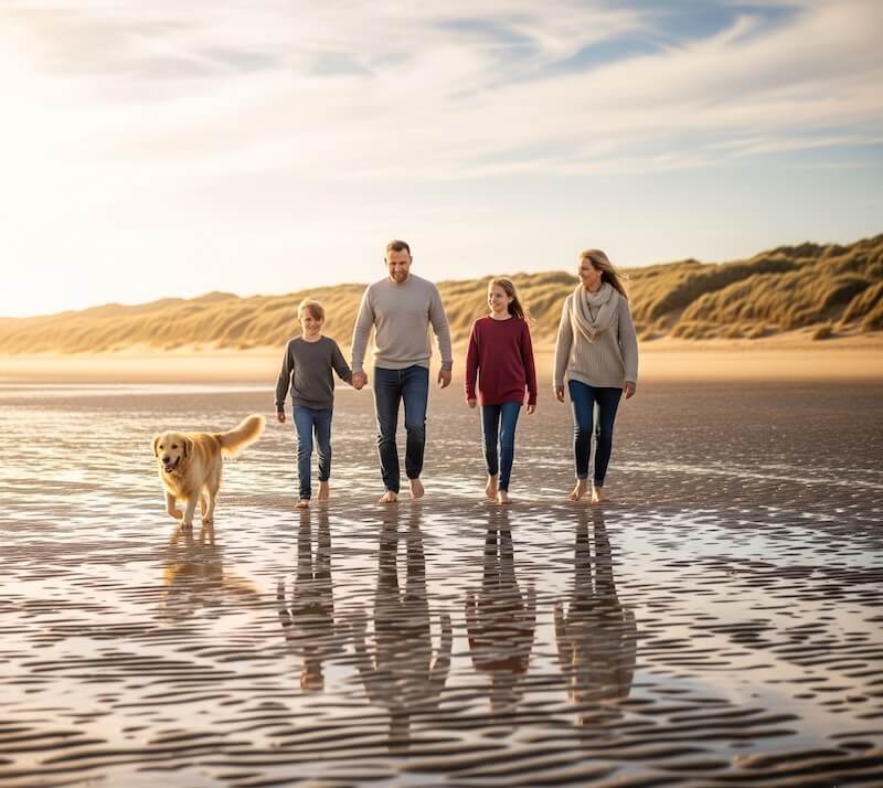 Family enjoying an October half-term Camber Sands beach walk together