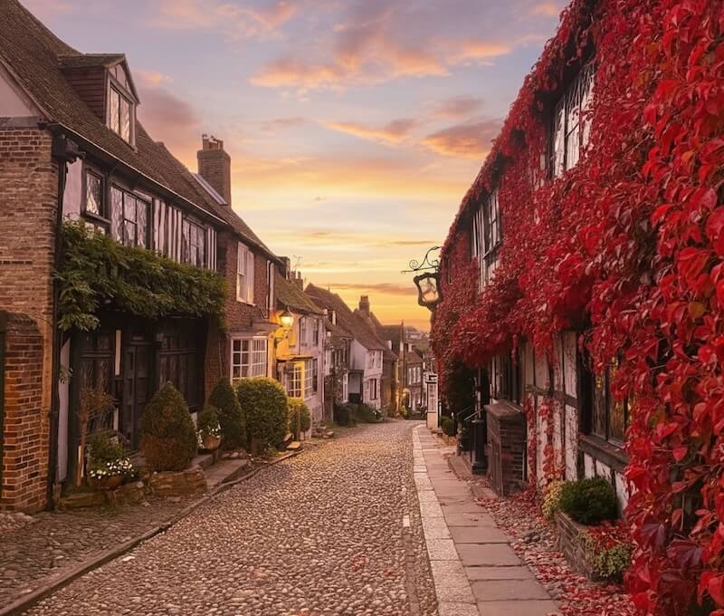 Romantic getaway Rye – Mermaid Street at sunset