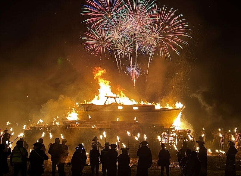 Bonfire societies gathere at the Salts at Rye Bonfire Night watching fireworks by the river