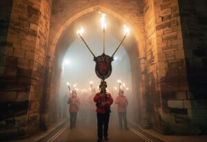 orchlit procession at Rye Bonfire with flaming torches