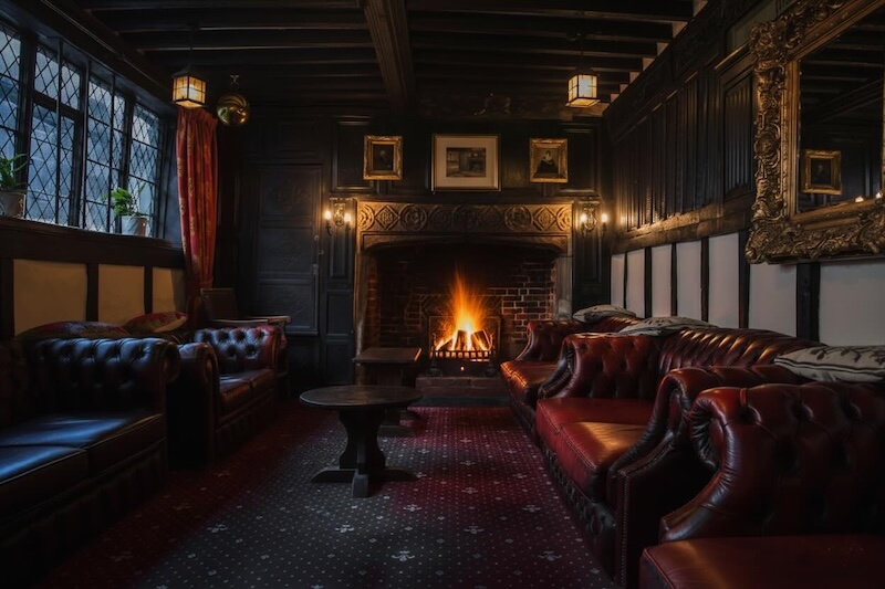 A moody, Tudor‑style inn lounge. Low, dark beams run across the ceiling. A wide brick fireplace blazes at the far end, throwing warm orange light across the room