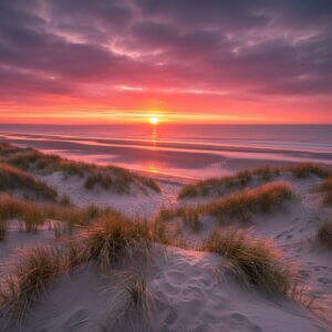 Vibrant pink and orange sunset reflecting over sandy dunes and calm sea at Camber Sands beach – the serene highlight of your winter escape in Camber Sands.