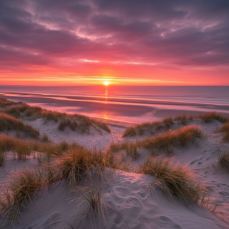 Vibrant pink and orange sunset reflecting over sandy dunes and calm sea at Camber Sands beach – the serene highlight of your winter escape in Camber Sands.