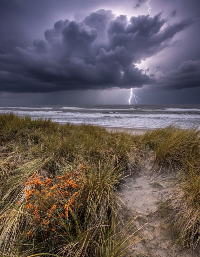 Storm watching East Sussex from the top of the Camber Sands dunes under storm clouds