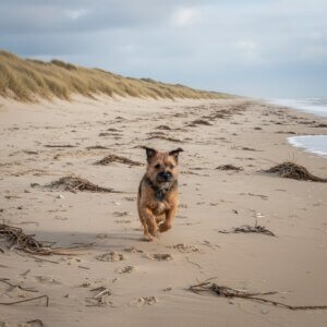 Small brown border terrier running along the wide sandy beach at Camber Sands near Rye, East Sussex, on a cloudy winter’s day – a perfect snapshot of dog-friendly Rye and Camber.