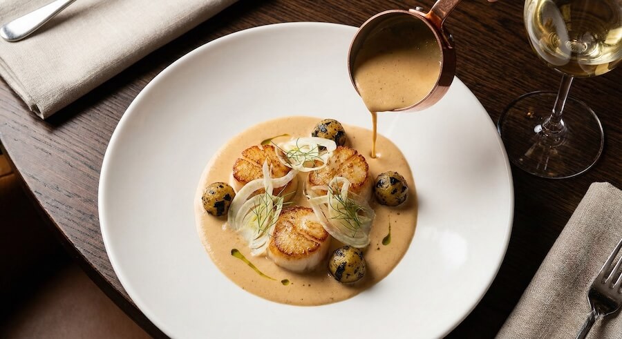 Rye Bay Scallop week 2026 menu at No.50 Seared Scallops Shaved Fennel, Shellfish Bisque Velouté, Seaweed Potatoes