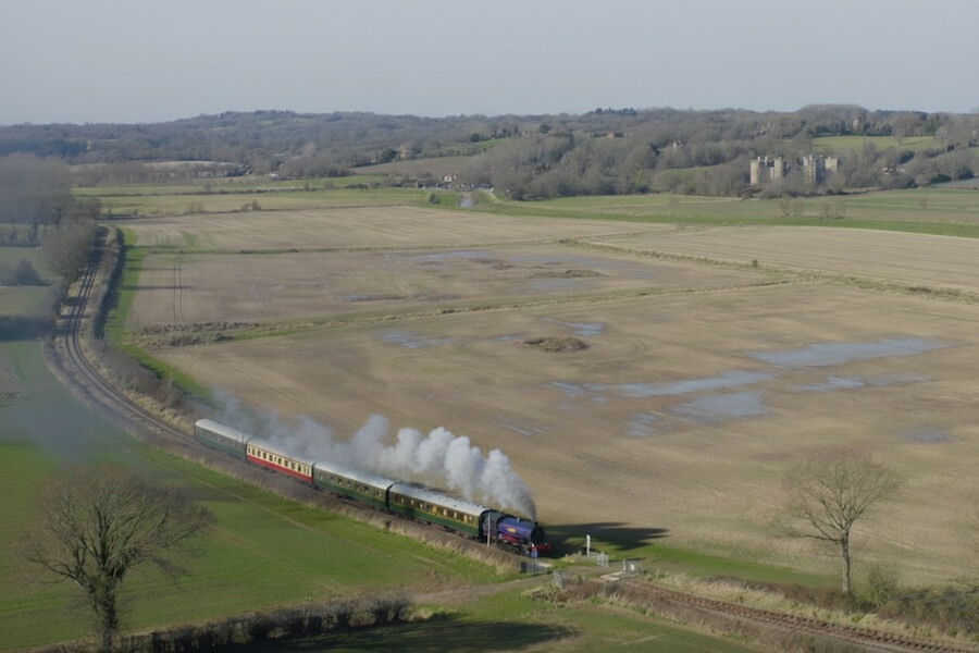 Heritage steam train ride from Tenterden on a rainy day in Kent and East Sussex