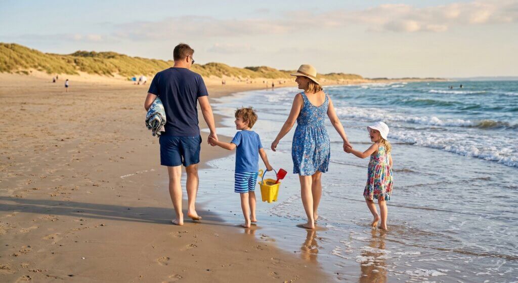 Family walking along the beach at Camber Sands, East Sussex — parents and children holding hands by the shore with sand dunes in the background on a sunny holiday
