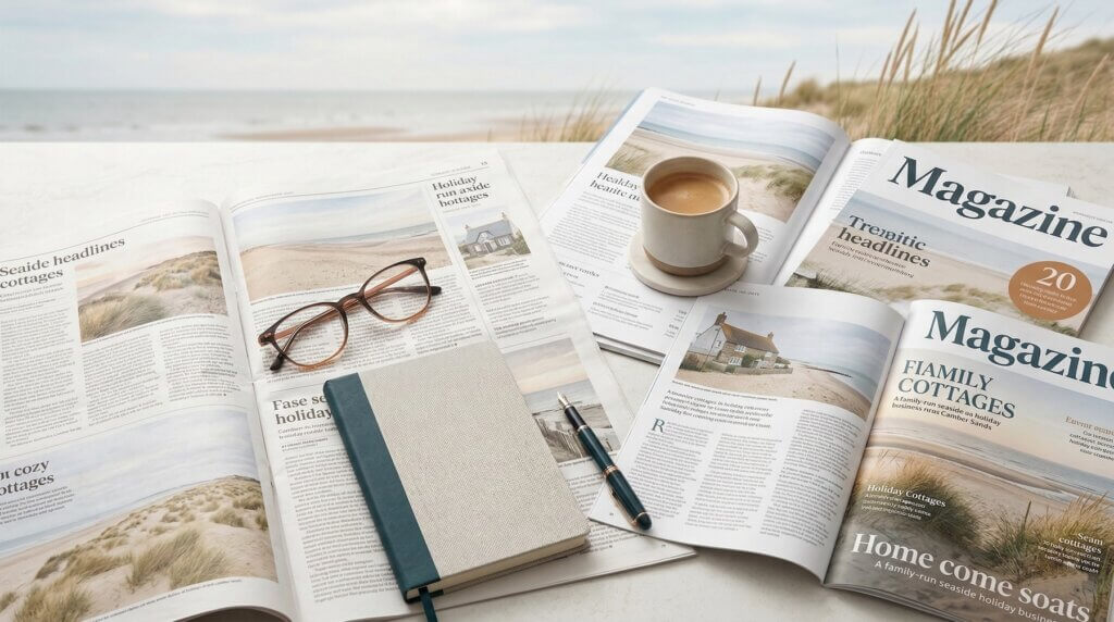 Editorial flat lay of newspapers, travel pages, coffee and notebook with coastal styling for the Beside The Sea Holidays press page