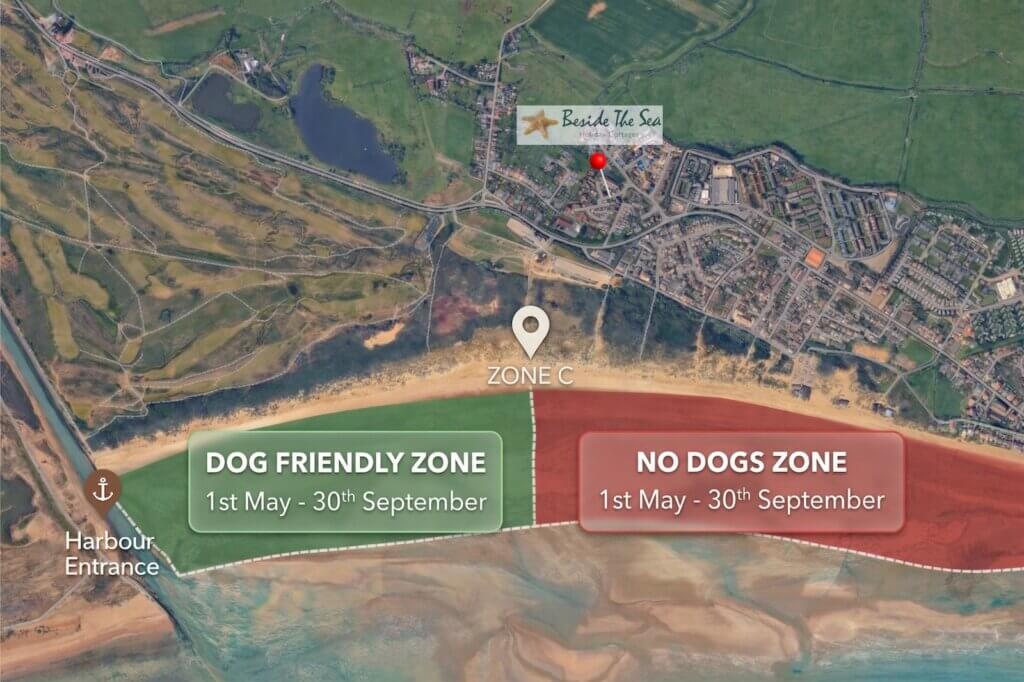 Map showing dog-friendly and no-dogs zones at Camber Sands beach, 1st May to 30th September 2026