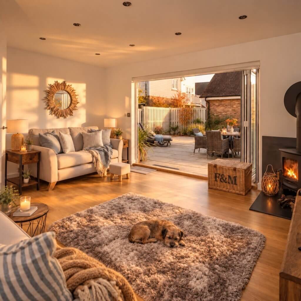 Dougal the dog asleep by the log burner at Ocean Beach, a dog-friendly cottage in Camber Sands