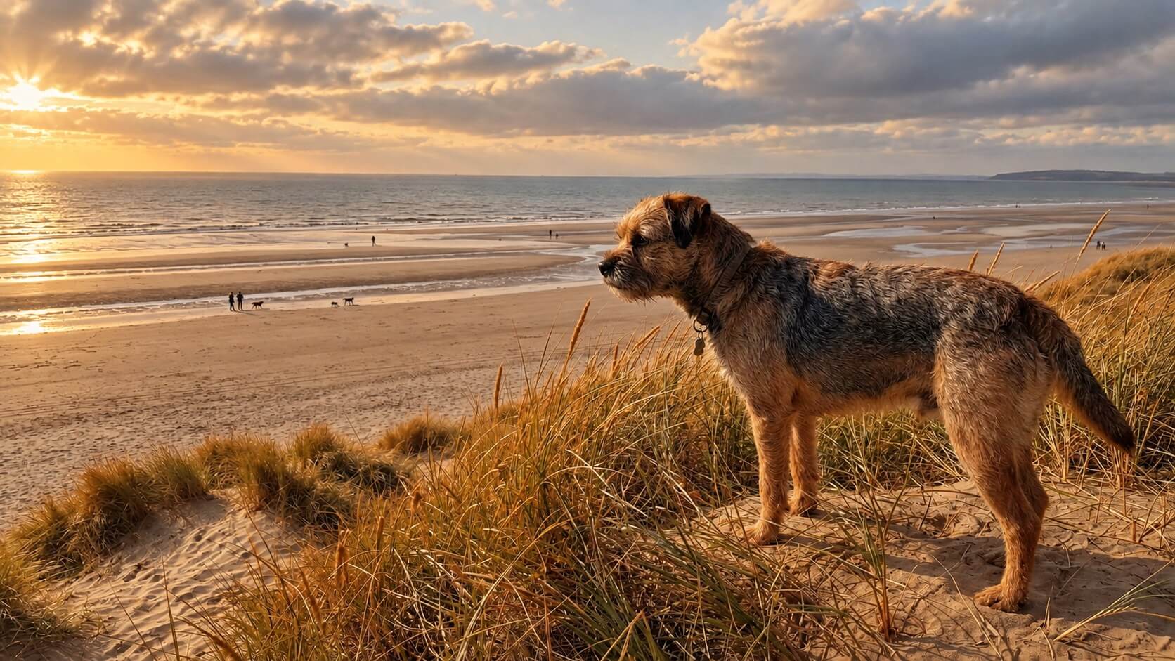 Dougal, our border terrier, standing at the top of the dunes looking out over Camber Sands beach at sunset