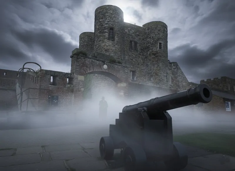 Rye Castle on a misty night 