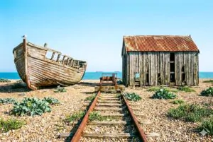 walking along the windswept shingle beach at Dungeness beside the waves
