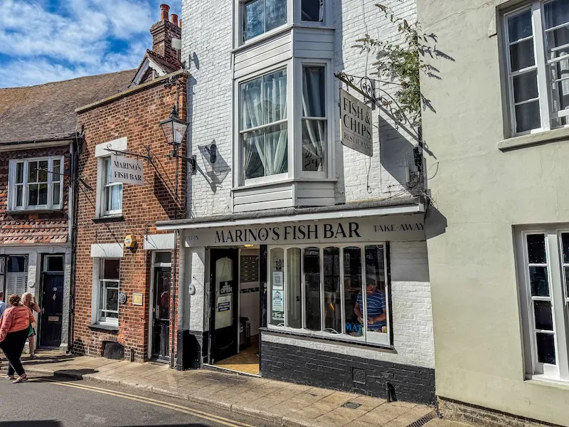 top fish and chips near Camber Sands at Marinos in Rye with historic view