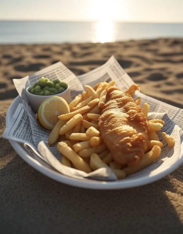 enjoying the best fish and chips in Camber Sands on the beach at sunset