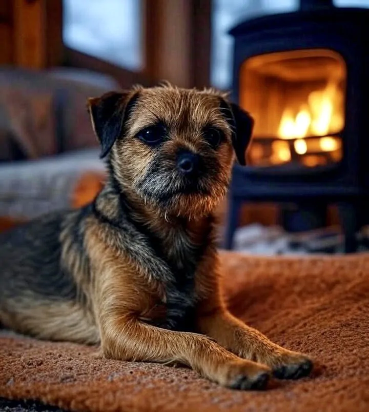 Dougal, our border terrier, snoozing in front of the log burner in a Camber cottage.