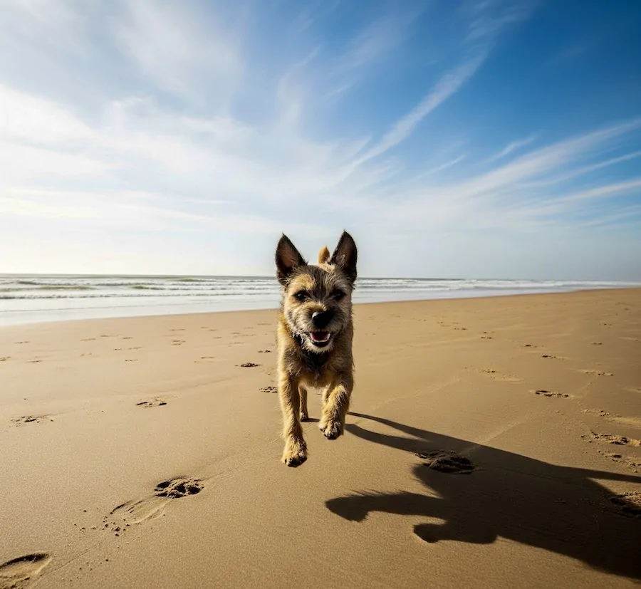 Dougal, our border terrier, running towards the camera on Camber Sands beach.