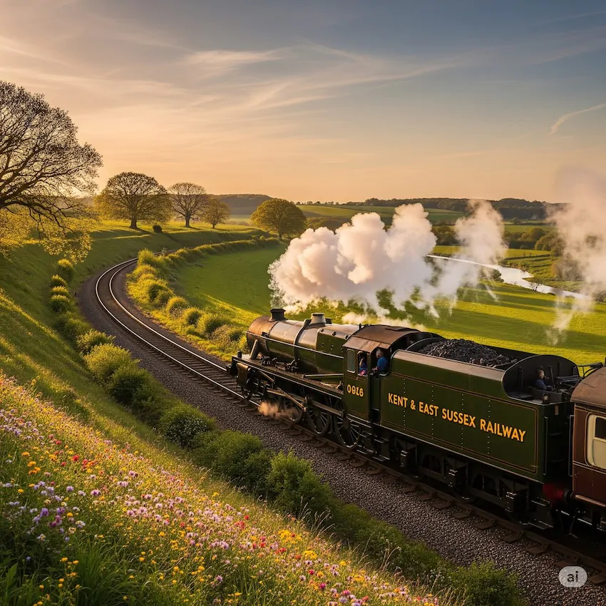 Children riding the Kent and East Sussex Railway steam train near Camber Sands