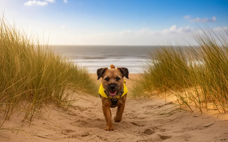 Border Terrier enjoying dog-friendly Camber Sands beach in autumn