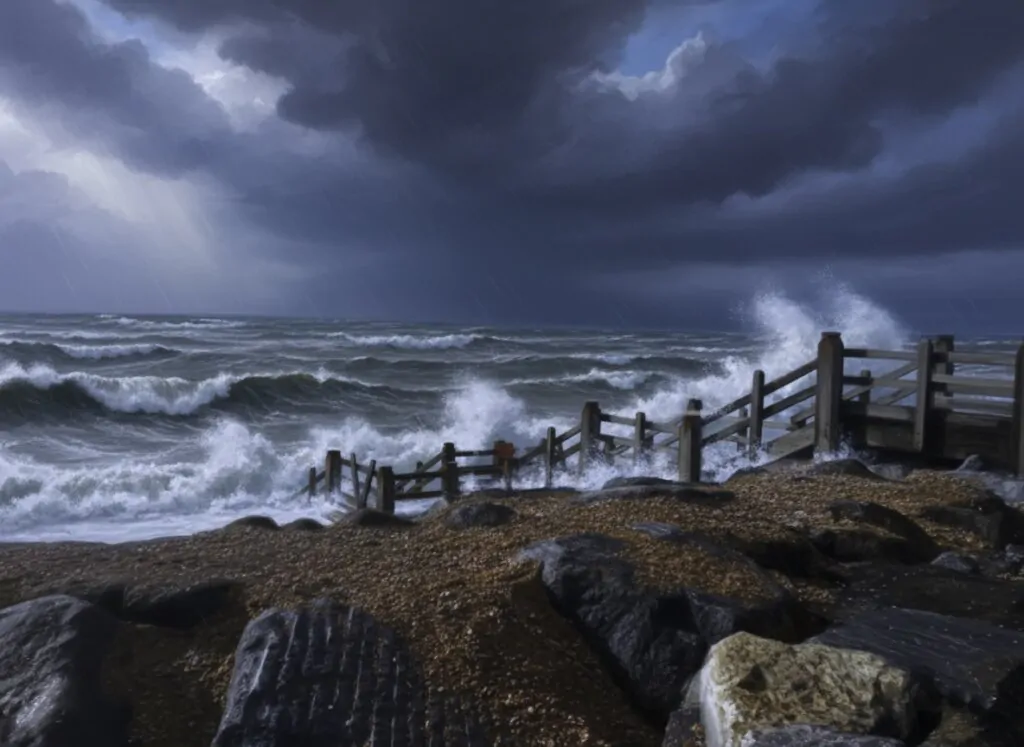 Storm watching East Sussex at Broomhill Sands as waves crash against the sea defences