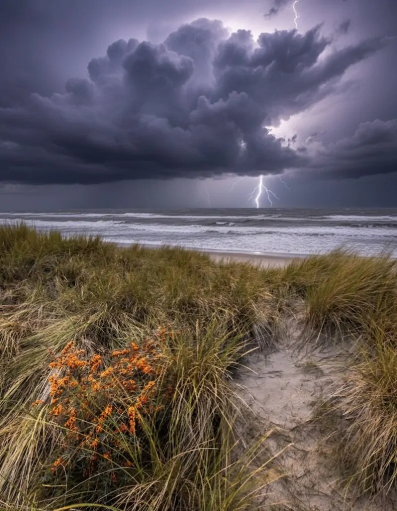 Storm watching East Sussex from the top of the Camber Sands dunes under storm clouds