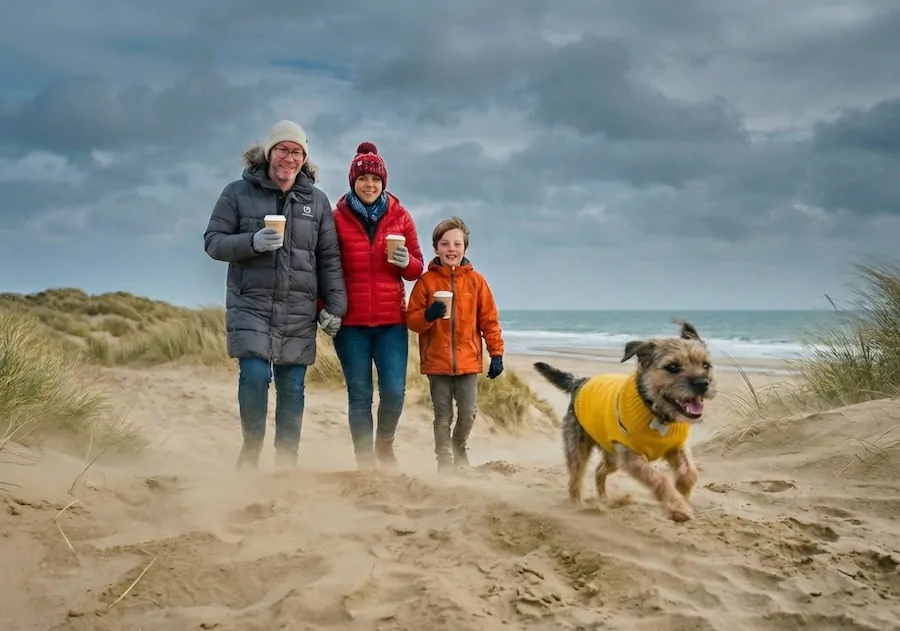 Family enjoying winter beach walk at Camber Sands East Sussex during Rye Bay Scallop Week