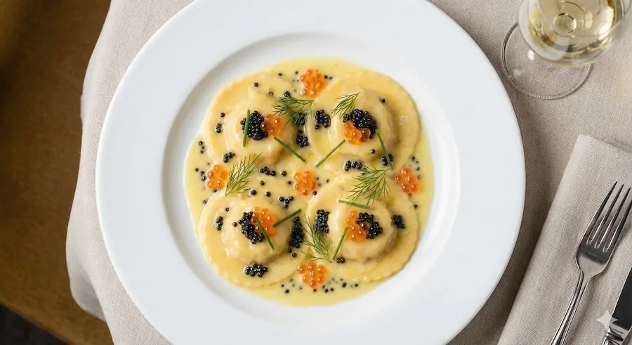 Rye Bay Scallop and Salmon Ravioli in Caviar Butter Sauce