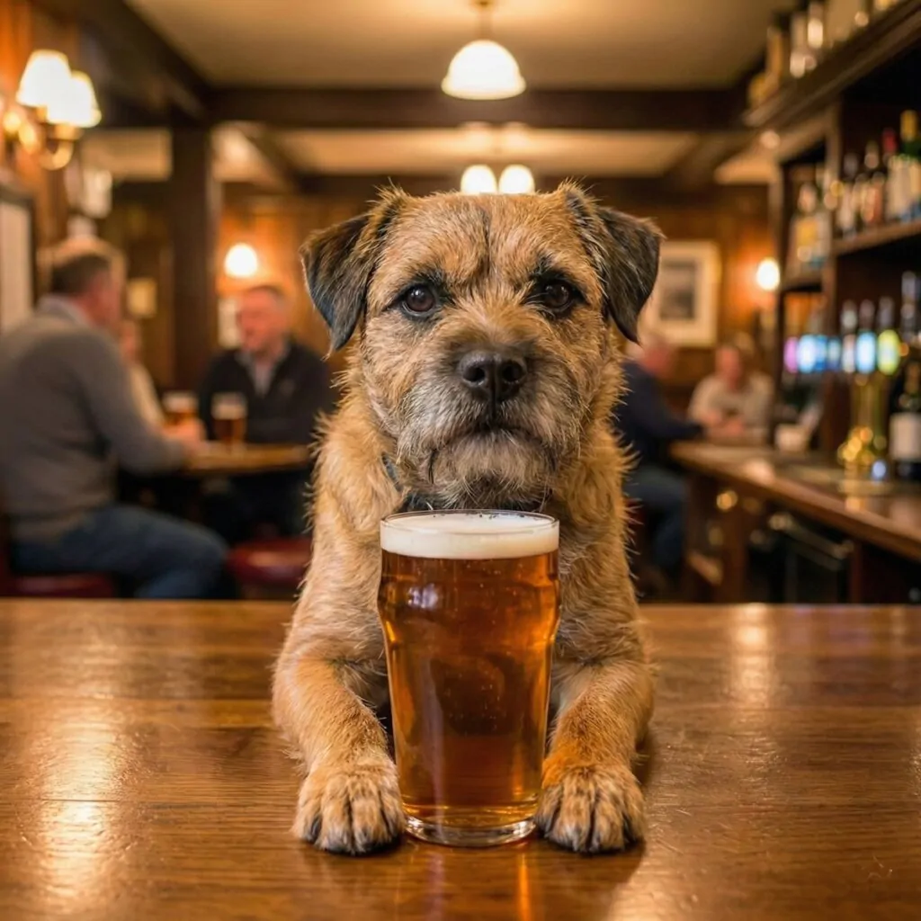 Border Terrier dog enjoying a pint at a dog-friendly pub in Camber Sands, East Sussex—perfect for pet owners on a coastal break.