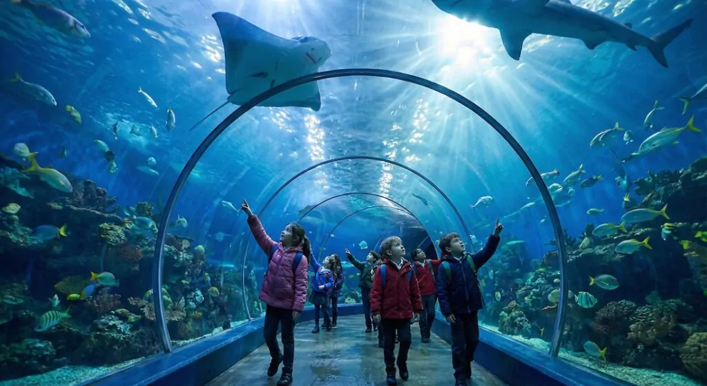 Underwater tunnel at Blue Reef Aquarium Hastings with sharks and rays overhead