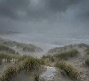 Heavy rain sweeping across the dunes at Camber Sands, with sea mist and dark storm clouds over the beach