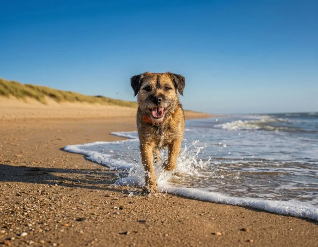 Dog running on Camber Sands beach with sand dunes in the background