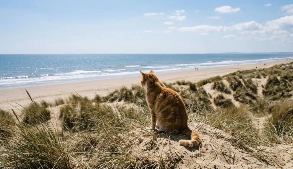 A cat sitting in the dunes at Camber Sands looking out to sea