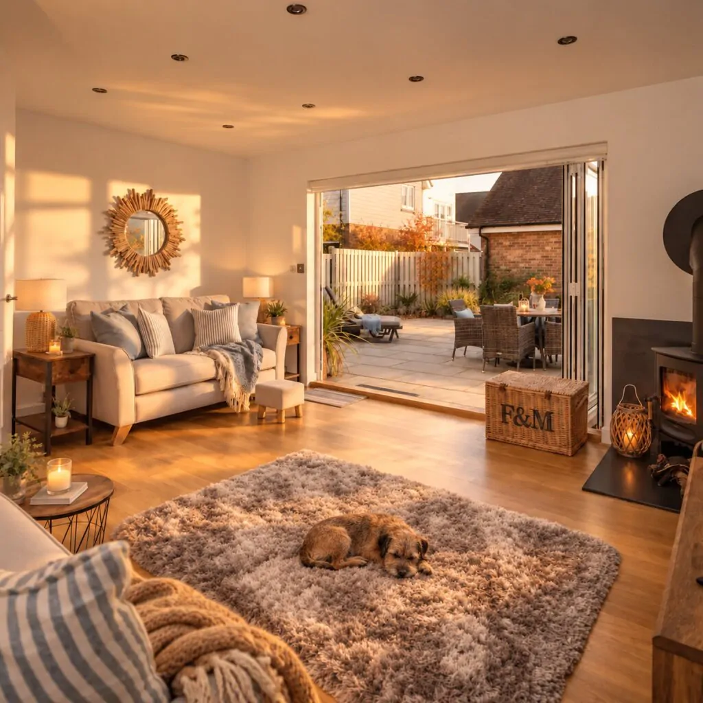 Dougal the dog asleep by the log burner at Ocean Beach, a dog-friendly cottage in Camber Sands