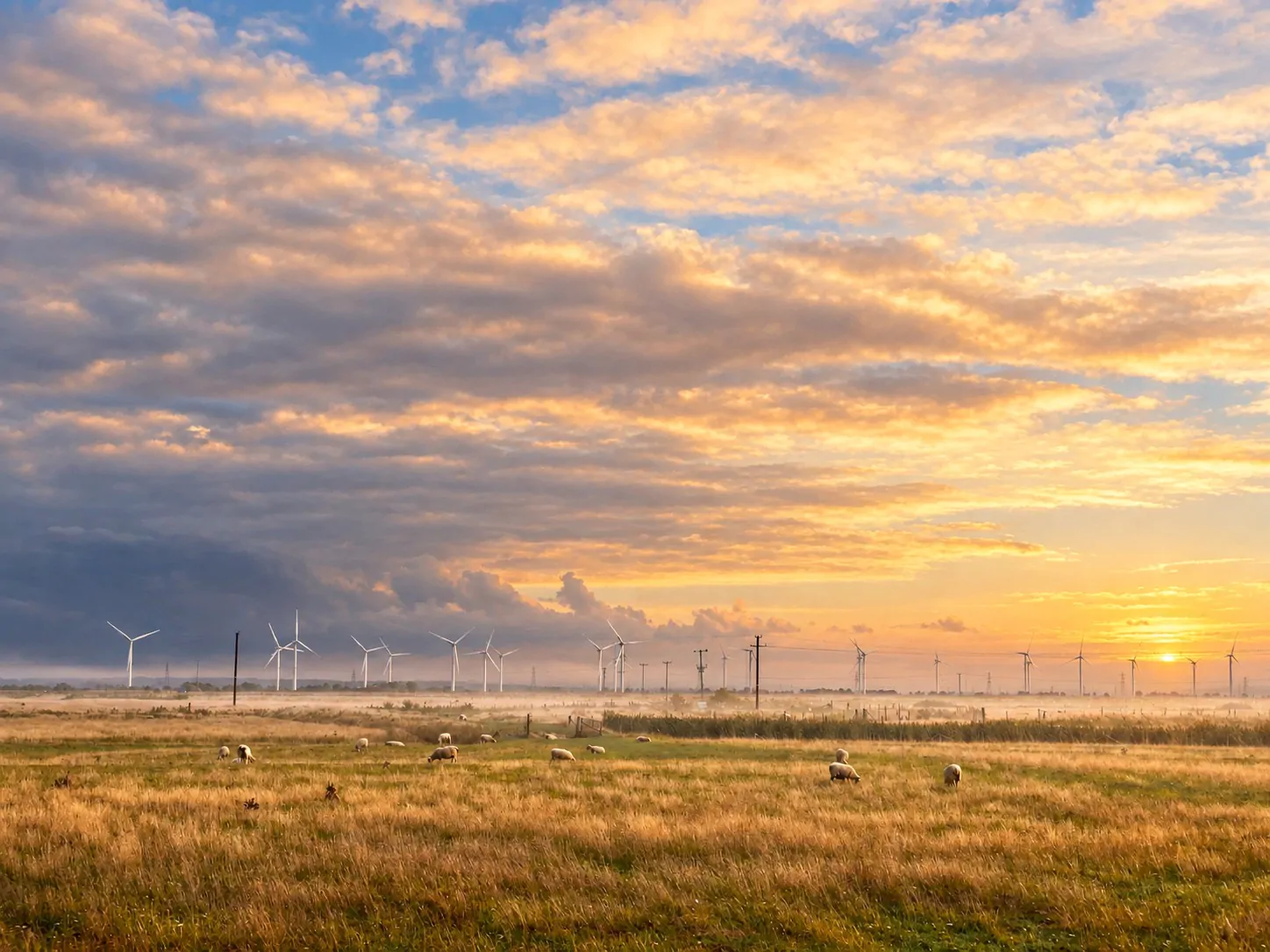 Sheep grazing on the marsh near Camber at sunrise, wind turbines in the mist