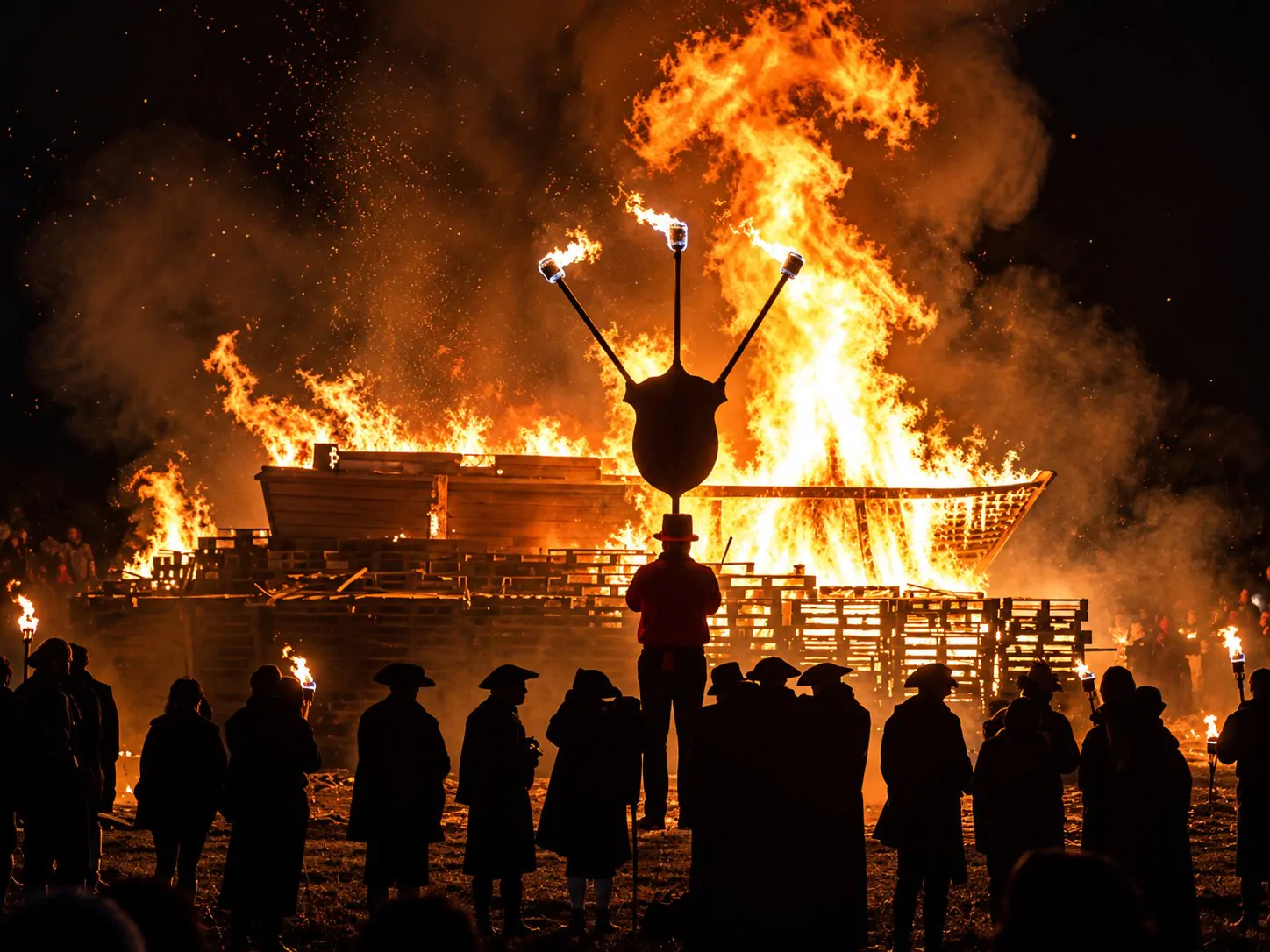 Rye Bonfire: a crowd in silhouette, some in tricorn hats and carrying torches, watching a huge bonfire with a burning wooden ship at night