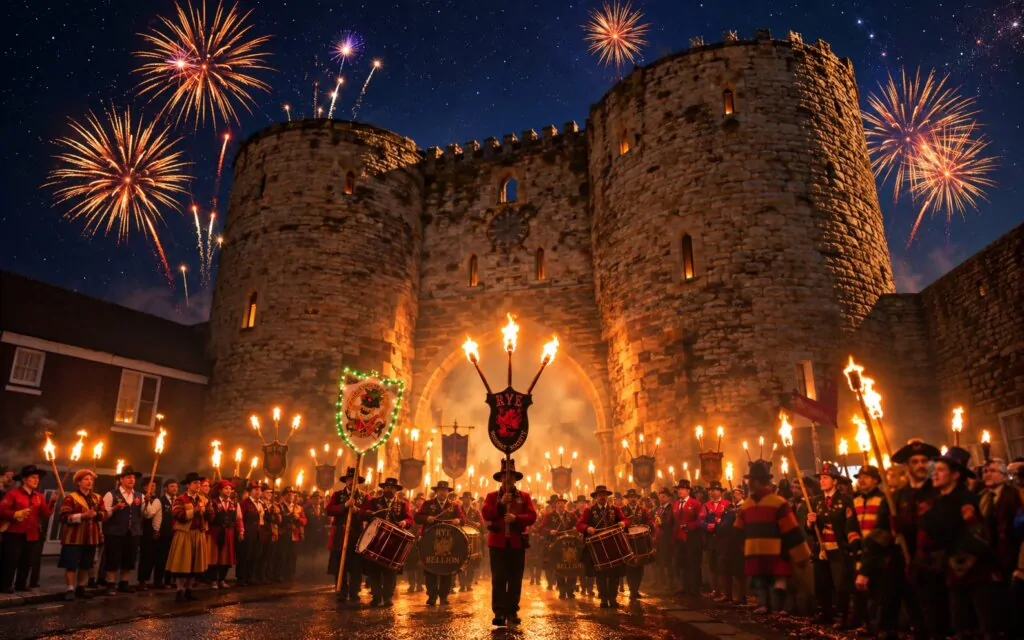 Rye Bonfire 2026 torchlit procession with drummers and fireworks at the Landgate